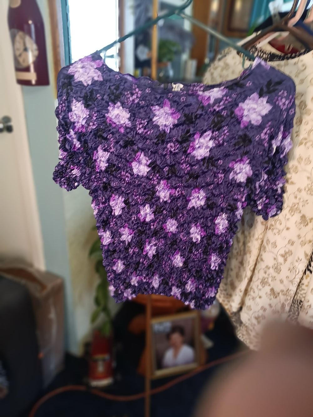Purple Floral Smocked Short-Sleeve Blouse